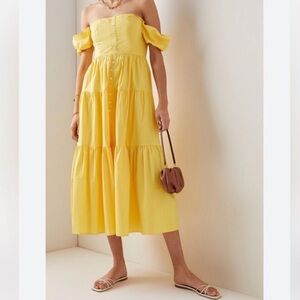 STAUD Elio Cotton Poplin Off-The-Shoulder Midi Dress-Yellow